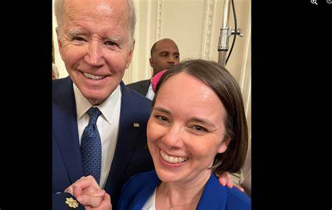Shenna Bellows in a selfie with Biden displaying her political leanings