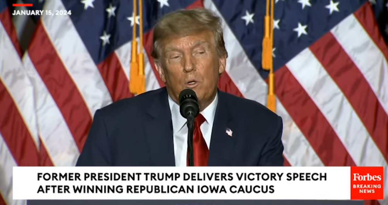 President Trump delivers his victory speech in the Republican Iowa Caucus.